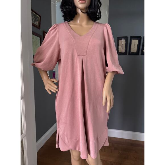 For Cynthia puff sleeved v neck high low soft pink knee length dress small - Picture 6 of 10